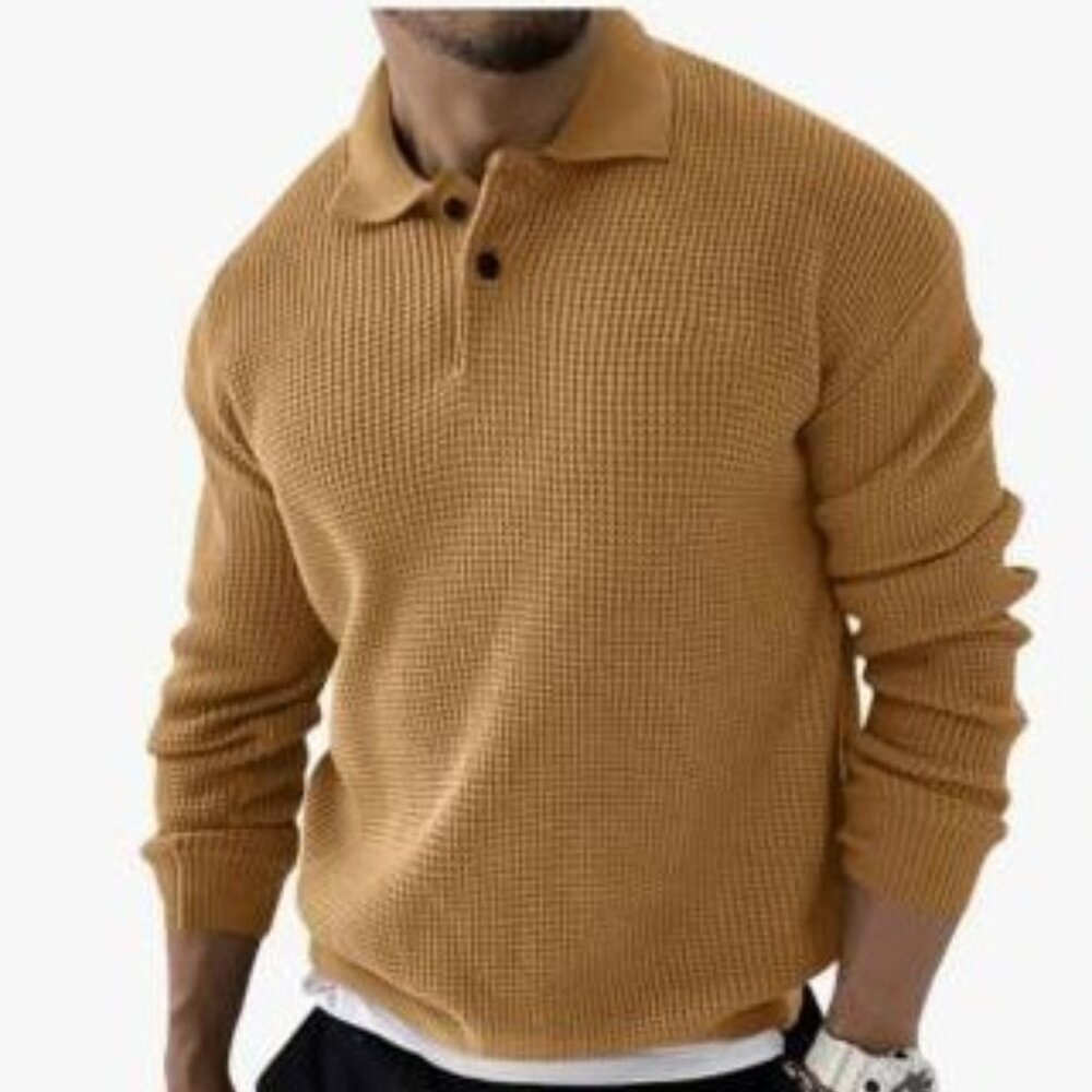 Angeun Mens Long Sleeve Polo Sweater Casual Khaki Medium Fall Winter Top for Men